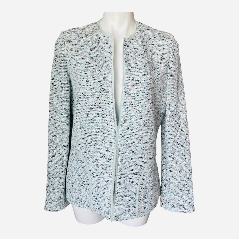 St. John Tweed Knit Multicolored Wool Collarless Open Front Jacket Blazer Sz 10